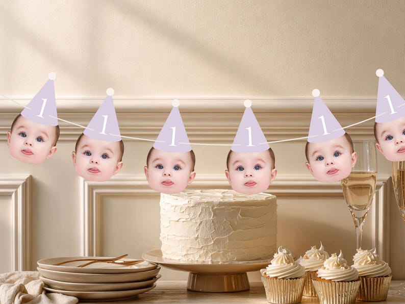 Anpassad hatt-ansiktsbanderoll för första milstolpe födelsedag, pastellfärgad partyhatt, cupcake-ansikte på pinne, personlig ansiktsvev med foto, födelsedagsbanderoll bild 1