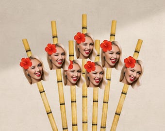 Customized Face Photo Hawaiian theme hat straw for luau themed straw photos party hat custom straws tropical party decoration face on straw
