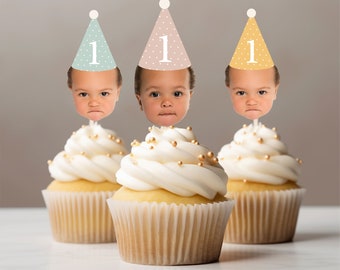 Polka Dot Customized Different Faces Party hat cupcake topper for first milestone birthday photos party hat cupcake decoration face on stick