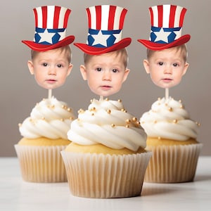 Customized Patriotic cupcake topper for American party hat cupcake decoration face on stick personalized Uncle Sam photo cupcake topper