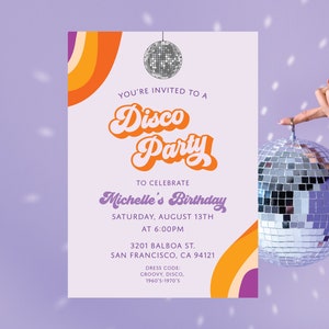 Groovy Disco Birthday party invitation, Digital Birthday Invitation, Digital Invitation, Disco Theme Custom Invitation, Purple Groovy Invite