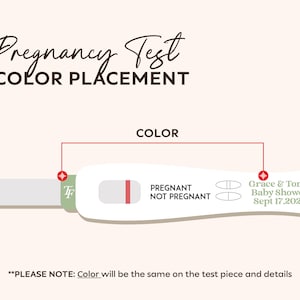 May include: A white pregnancy test with a red line indicating a positive result. The text "PREGNANT" and "NOT PREGNANT" are visible. The image also includes text about a baby shower.