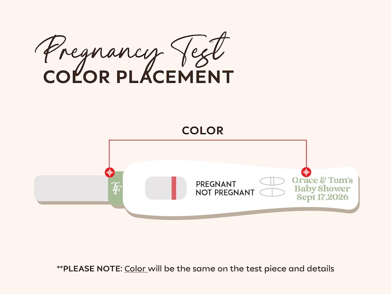 May include: A white pregnancy test with a red line indicating a positive result. The text "PREGNANT" and "NOT PREGNANT" are visible. The image also includes text about a baby shower.