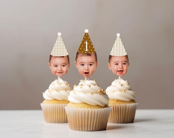 Custom Face Cupcake topper Party Hat Cottagecore Birthday Party Farmhouse Rustic Decor Delicate Gingham Personalized Hat Garden theme party