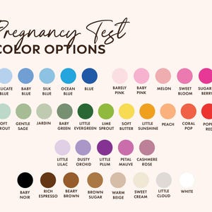 May include: A color chart for pregnancy test options. The text "Pregnancy Test COLOR OPTIONS" is at the top. The chart displays a variety of color swatches with names like "Delicate Blue", "Baby Pink", and "Poppy Red".