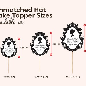 May include: Black cake toppers with a silhouette design, available in three sizes: Petite (3.5 inches high), Classic (4.5 inches high), and Statement (5.5 inches high). Each topper has a decorative frame and reads "Happy Birthday Mrs. Ashley May 16, 2027."