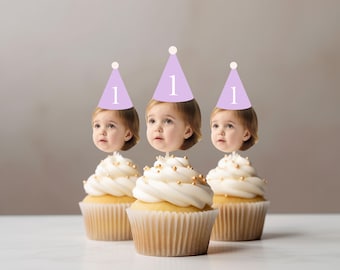 Custom Photo Cupcake Toppers, Lavender theme First Birthday Party Hats