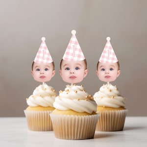 Pastel Pink Gingham Birthday face hat cupcake topper for first birthday photos party hat cupcake decoration face on stick Spring Birthday