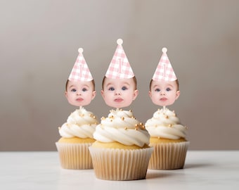 Pastel Pink Gingham Birthday face hat cupcake topper for first birthday photos party hat cupcake decoration face on stick Spring Birthday
