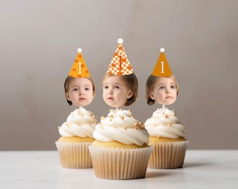 Custom Pumpkin Face Cupcake Toppers, Pumpkin Gingham Birthday Party Decor