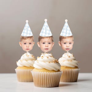 Gingham Birthday face hat cupcake topper for first birthday photos party hat cupcake decoration face on stick Spring Pastel Birthday cupcake