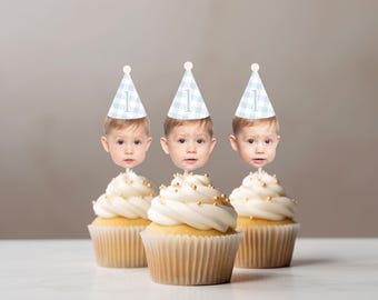 Gingham Birthday face hat cupcake topper for first birthday photos party hat cupcake decoration face on stick Spring Pastel Birthday cupcake