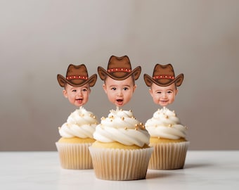 Customized Face Photo Cowboy hat cupcake topper for first milestone birthday photos party hat cupcake decoration face on stick personalized