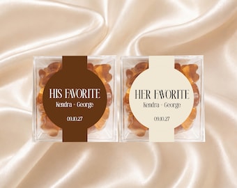 Custom His and Her Wedding Candy Round Labels for Clear Favor Boxes, Personalized cube favor boxes