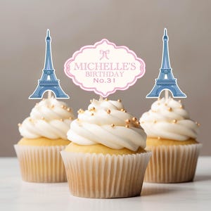 Paris theme party cupcake toppers Eiffel Tower birthday decoration french theme cupcake toppers Emily in Paris theme birthday cupcake topper