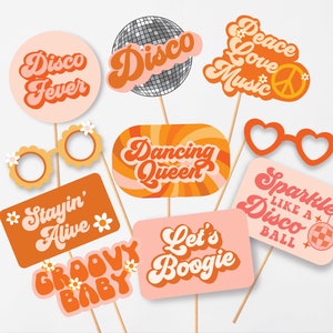 Disco Theme photo props, Disco theme party supplies, Orange Groovy Disco theme party, 70s Theme party, Party Props, Boho 60s Theme party