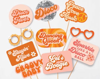 Disco Theme photo props  Disco theme party supplies  Orange Groovy Disco theme party  70s Theme party  Party Props  Boho 60s Theme party