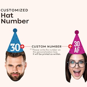 May include: Image features two party hats with the number "30" on them. One hat is blue with white stars, the other is purple with stars and the letters "AF". The text "CUSTOMIZED Hat Number" is at the top, with instructions for personalization.