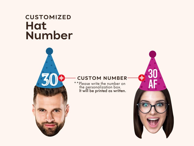 May include: Image features two party hats with the number "30" on them. One hat is blue with white stars, the other is purple with stars and the letters "AF". The text "CUSTOMIZED Hat Number" is at the top, with instructions for personalization.