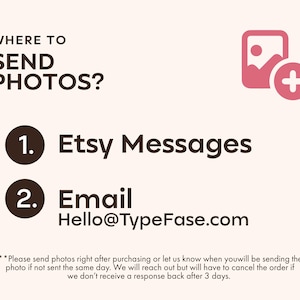 以下が含まれることがあります： 「写真の送信先は？」というテキストと、「1. Etsyメッセージ」と「2. メール Hello@TypeFase.com」の2つのオプションが記載されたグラフィック。 右上には、プラス記号が付いたピンク色の画像アイコンがあります。 背景は薄いベージュ色です。