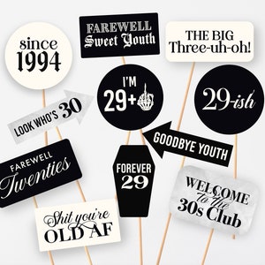 RIP 20s theme photo props for 30th birthday photo booth RIP Youth theme photo props Farewell to My Twenties phrases coffin theme birthday