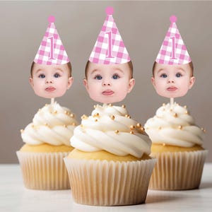 Pink Gingham Birthday face hat cupcake topper for first birthday photos party hat cupcake decoration face on stick Spring picnic Birthday