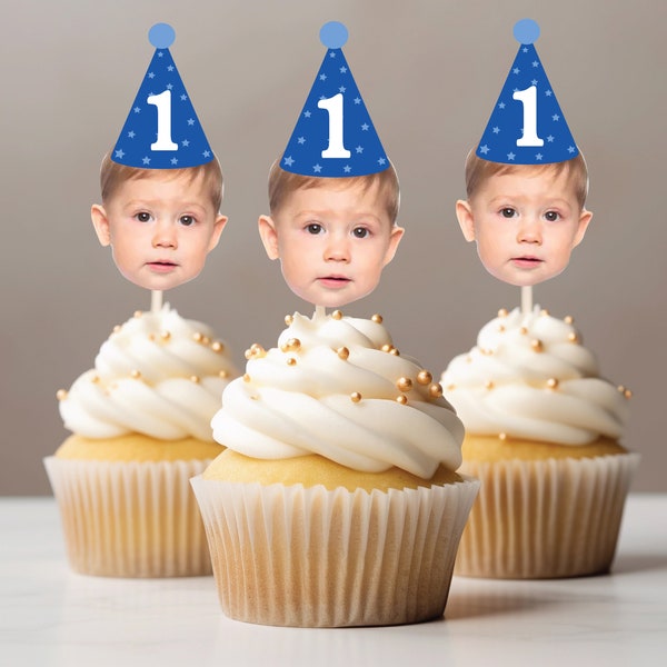Kundenspezifisches Gesicht Foto Partyhut Cupcake Topper für ersten Meilenstein Geburtstag Fotos Partyhut Cupcake Dekoration Gesicht am Stiel personalisiert