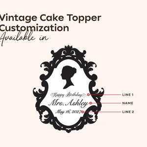 May include: A black and white vintage cake topper design. The topper features a silhouette of a woman inside an ornate frame. Text includes "Happy Birthday Mrs. Ashley May 16, 2027". The words "Vintage Cake Topper Customization Available in" are also present.