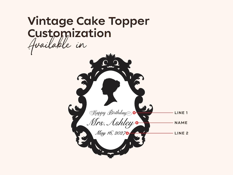 May include: A black and white vintage cake topper design. The topper features a silhouette of a woman inside an ornate frame. Text includes "Happy Birthday Mrs. Ashley May 16, 2027". The words "Vintage Cake Topper Customization Available in" are also present.