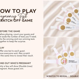 May include: Pregnancy test scratch-off game with instructions. The game includes white and pink test strips with gold scratch-off areas. Text on the tests reads "Pregnant" and "Not Pregnant". The instructions explain how to play and reveal results.