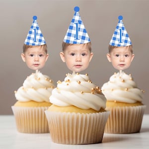 Blue Gingham Birthday face hat cupcake topper for first birthday photos party hat cupcake decoration face on stick Spring face Birthday