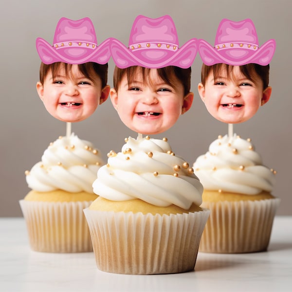 Customized Cowboy pink hat cupcake topper for 1st rodeo birthday photos party hat cupcake decoration face on stick personalized hat photo