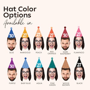 May include: An image showcasing party hat color options. The hats are in various colors, including blue, marigold, peach, red orange, dark raspberry, flamingo, purple, baby blue, aqua, pine green, wood brown, and black. Each hat has a number on it.