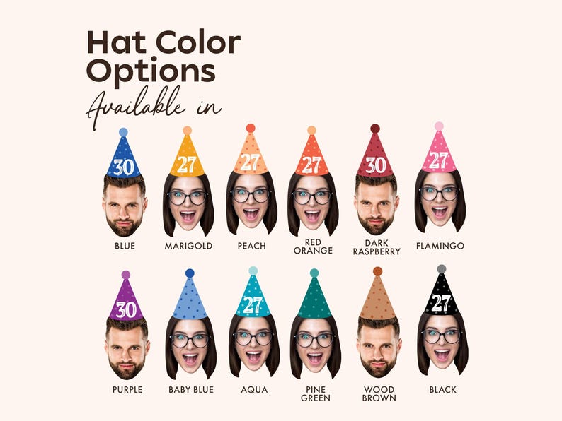 May include: An image showcasing party hat color options. The hats are in various colors, including blue, marigold, peach, red orange, dark raspberry, flamingo, purple, baby blue, aqua, pine green, wood brown, and black. Each hat has a number on it.