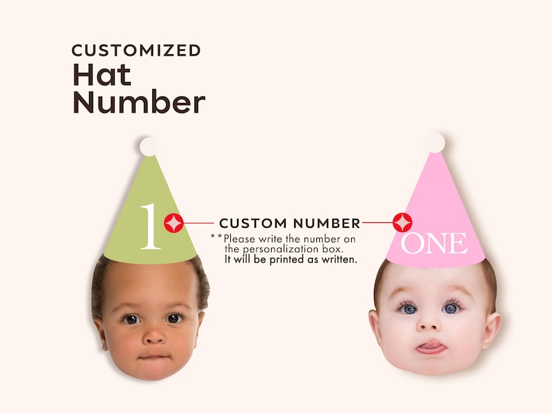 Anpassad hatt-ansiktsbanderoll för första milstolpe födelsedag, pastellfärgad partyhatt, cupcake-ansikte på pinne, personlig ansiktsvev med foto, födelsedagsbanderoll bild 4