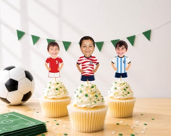 Personalized Soccer Face Cupcake Toppers Custom Photo Soccer Birthday Decorations Soccer Player Cupcake Picks Team World Cup Party Decor