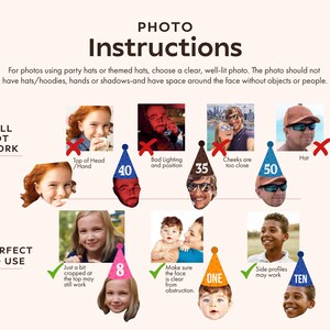 May include: An instructional graphic titled PHOTO INSTRUCTIONS with text explaining how to choose photos for party hats. It displays examples labeled WILL NOT WORK and PERFECT TO USE, featuring various faces with colorful party hat icons.
