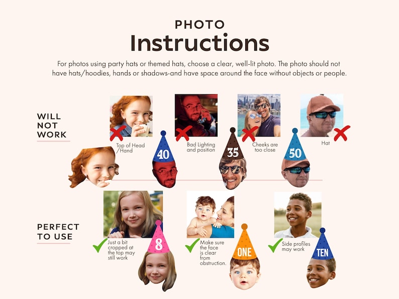 May include: An instructional graphic titled PHOTO INSTRUCTIONS with text explaining how to choose photos for party hats. It displays examples labeled WILL NOT WORK and PERFECT TO USE, featuring various faces with colorful party hat icons.