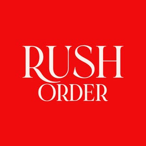 May include: A red background with the words "RUSH ORDER" in large, white, elegant serif font. The text is centered and takes up most of the image space.