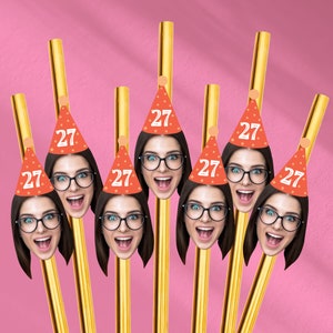Customized Face Photo gold hat straws for first milestone birthday photos party hat custom straws party decoration face on straw customized