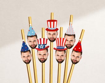 Custom Patriotic Photo Straw, Custom Face Straw Topper, Uncle Sam Party Decorations, 4th of July Party Favor, Americana 250 Party Drink