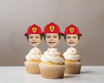 Custom Firefighter Hat Cupcake Toppers Custom Face Toppers Fire Chief Hat Birthday Party Decorations Personalized Photo Topper