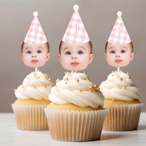 Pastel Pink Gingham Birthday face hat cupcake topper for first birthday photos party hat cupcake decoration face on stick Spring Birthday