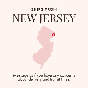 May include: A pale pink graphic illustration of the state of New Jersey centered on a light background. The text SHIPS FROM NEW JERSEY appears in dark brown at the top, and a small red circular icon with a white star is positioned on the map.