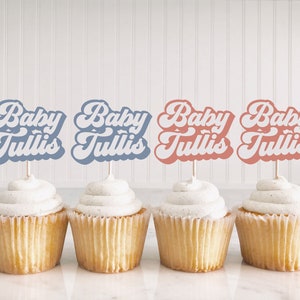 Police rétro personnalisée sexe pour cupcakes, décoration pour cupcakes rose et bleu en sourdine, prénom personnalisé pour cupcakes