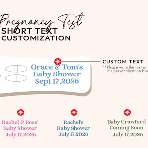 May include: A light beige graphic with text related to pregnancy and baby showers. The words "Pregnancy Test" and "Customization" are at the top. The image includes a pregnancy test graphic and baby shower announcements with names and dates.