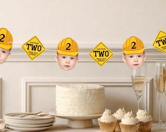 Custom Construction Hat Face Banner Personalized Birthday Banner Custom Photo Party Decor Digger Birthday Party