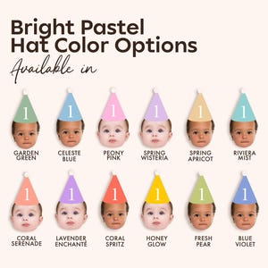 Anpassad hatt-ansiktsbanderoll för första milstolpe födelsedag, pastellfärgad partyhatt, cupcake-ansikte på pinne, personlig ansiktsvev med foto, födelsedagsbanderoll bild 3