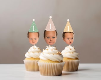 Polka Dot Customized Different Faces Party hat cupcake topper for first milestone birthday photos party hat cupcake decoration face on stick