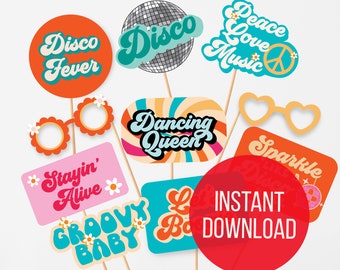 Instant Download Retro Disco theme photo props for birthday digital photo booth Disco theme photo props Groovy 70s theme photo booth